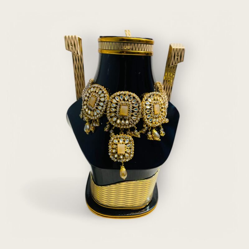 Choker Set Golden Champaign with Jhumki Tops pair and Tika