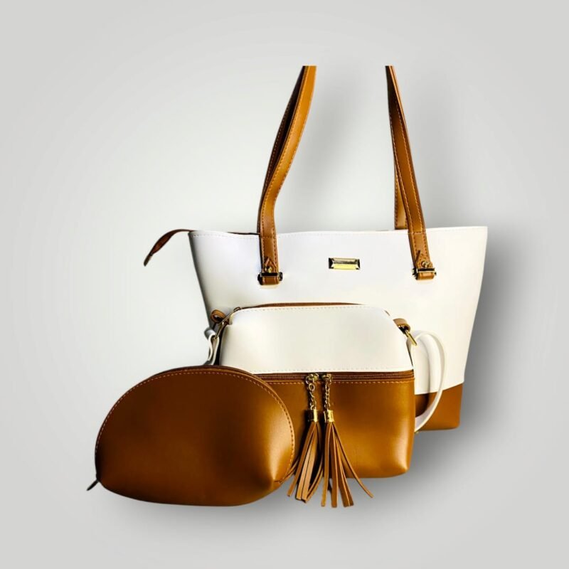 Posh White And Brown Tote 3 Piece Ladies Bag