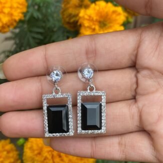 Striking rectangular Black Gemstone Necklace with Earrings & Studs Jewelry