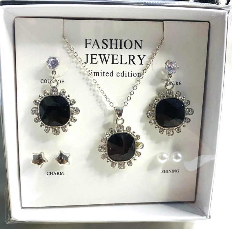 Exclusive Zircon Black & Silver Round Stone Set - Necklace, Earrings & Stud Jewelry