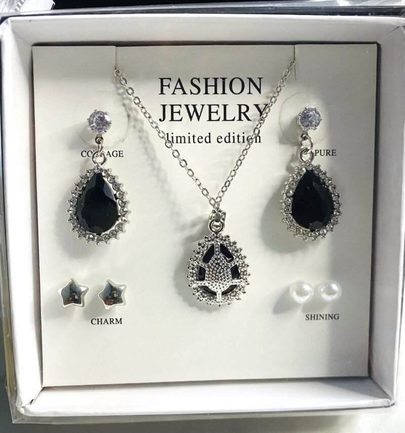 Limited Edition Zircon Black & Silver Jewelry Set - Necklace, Earrings & Studs Jewelry