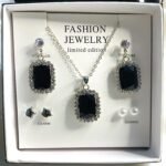 Silver Black Zircon Gemstone Necklace set with earrings and studs Jewelry