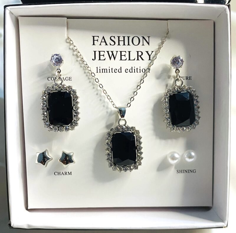 Silver Black Zircon Gemstone Necklace set with earrings and studs Jewelry