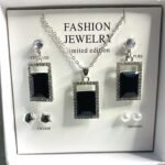 Striking rectangular Black Gemstone Necklace with Earrings & Studs Jewelry