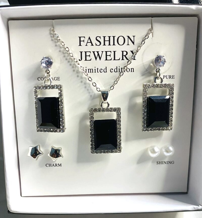 Striking rectangular Black Gemstone Necklace with Earrings & Studs Jewelry